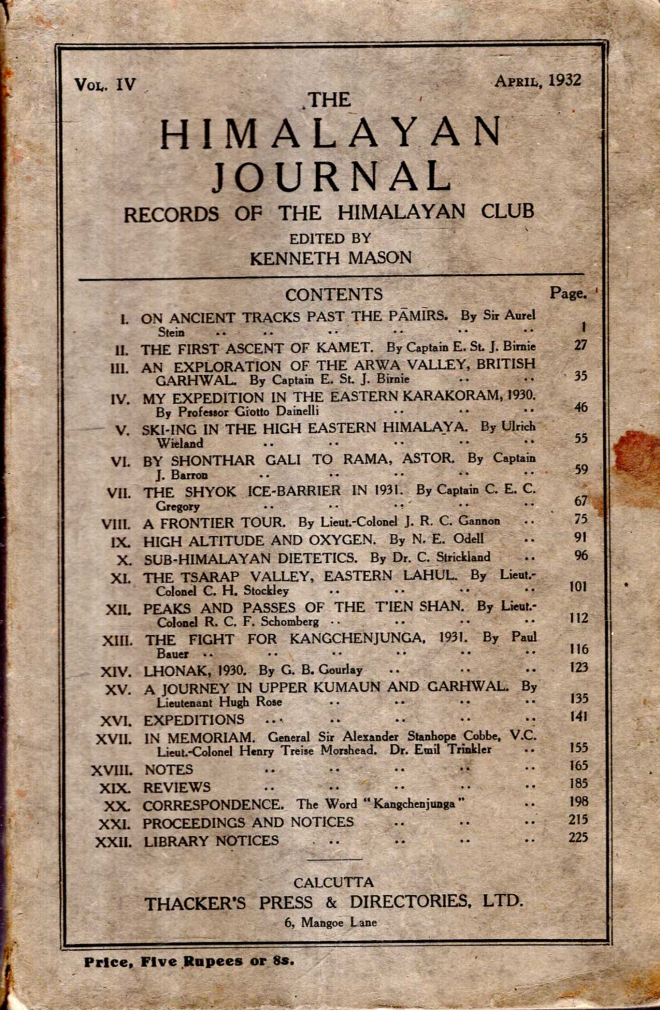 The Himalayan Journal : Records of the Himalyan Club, volume I (1 ...